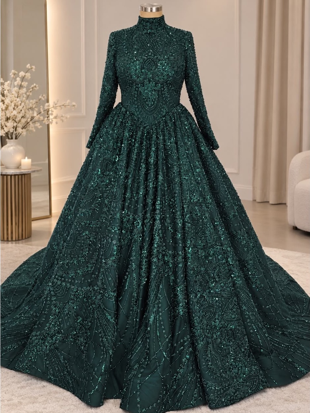 Elegant High-Neck Beaded Nikkah Wedding Gown in Emerald Green